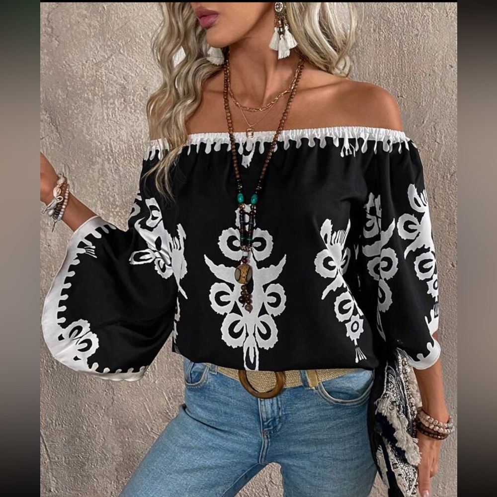 Boho floral print off shoulder blouse - Picture 6 of 6